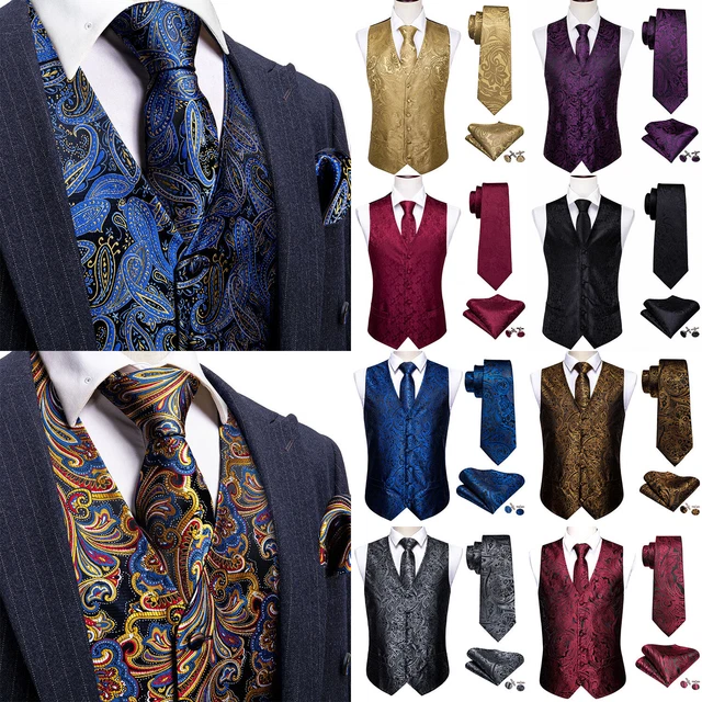 Mens Floral Solid Paisley Dress Vest Neck Tie Hankie Set Suit Tuxedo Waistcoat