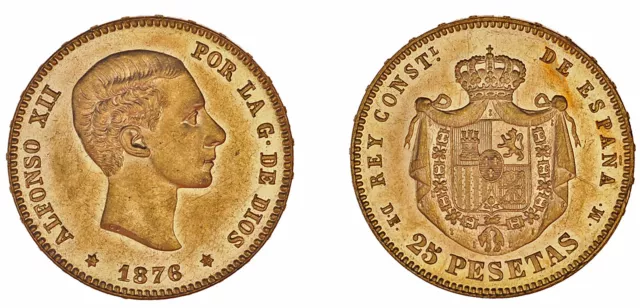 25 Gold Pesetas / Oro. Alfonso Xii. Madrid. 1876*. Au / Sc-.