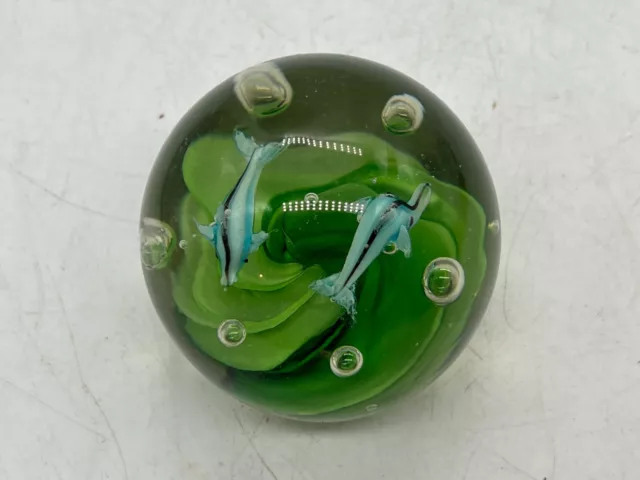 Vintage Murano Green / Blue Fish Inside  Glass Paperweight 2