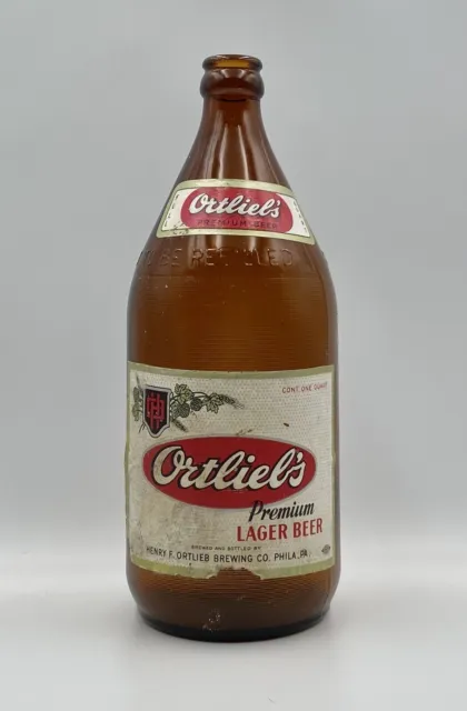 Ortlieb's Lager Beer Phila Steinie Quart Bottle Crown Lip Amber Orig Label