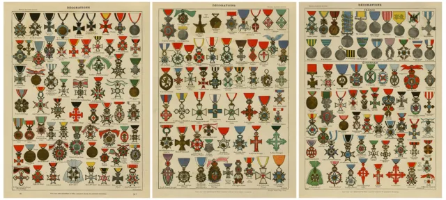 3 Antique Prints-DECORATIONS-MEDAL-MILTARY ORDER-KNIGHT-Larousse-1897