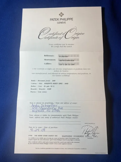 Patek Phillipe Certificate Guarantee Of Origin For Gondolo Annual Calendar 5135G