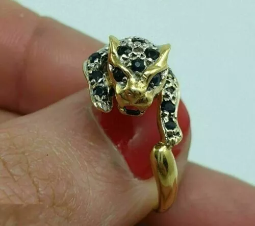 2Ct Round Simulated Sapphire Panther Leopard Unisex Ring 14k Yellow Gold Plated 2