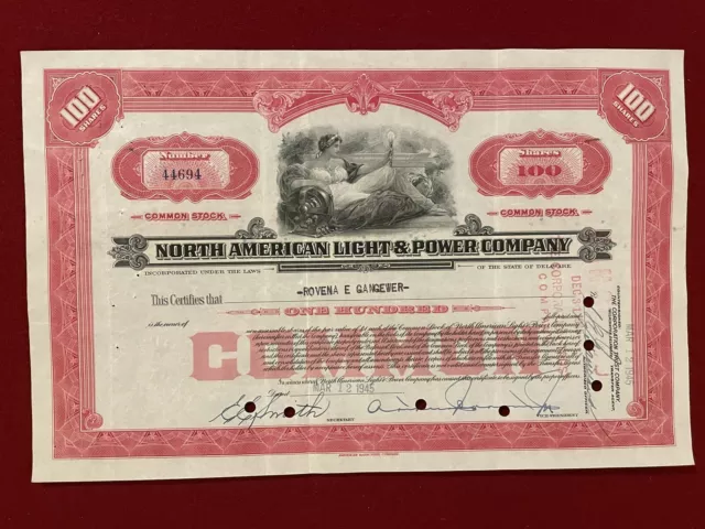 North American Light & Power Company 1945 Stock Certificate