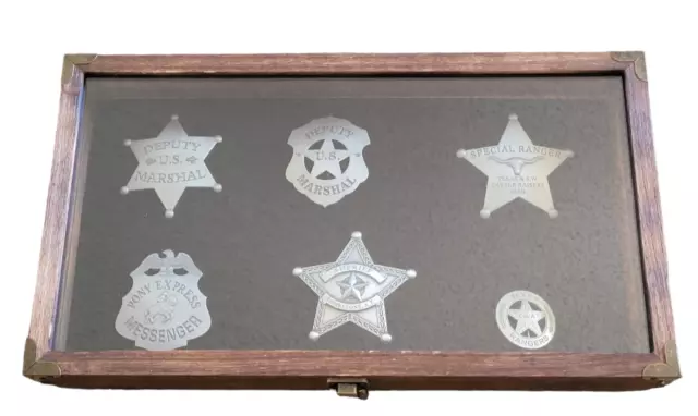 Replica Western Old West Collector Badge Set With 8.5" X 15" Wooden Display Case 3