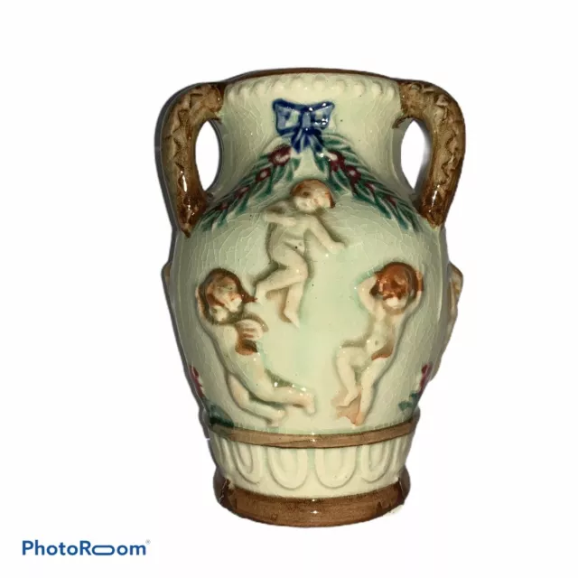 Vintage Majolica Hand Painted Small Vase/Urn With Cherub Design Made In Japan