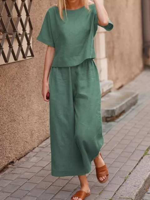 Linen Sets for Women 2 Piece Ladies Cotton Short/long Sleeve+Pants Blouse Suits