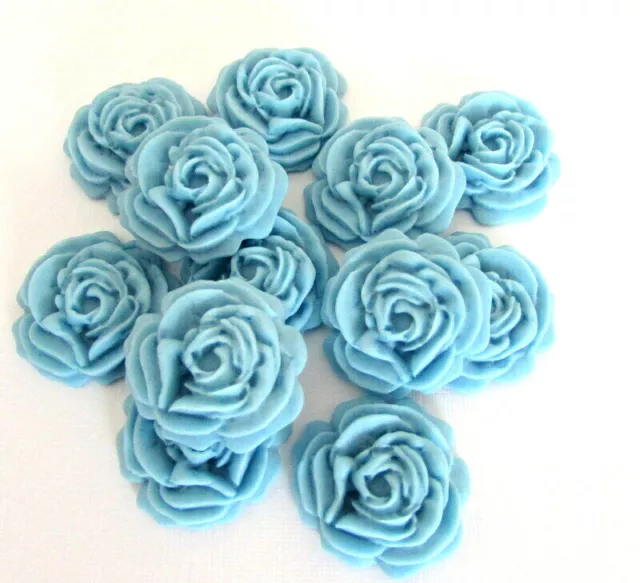 12 Baby/Hydranga Blue Roses Flowers Edible Cake Toppers Wedding Cupcake Birthday