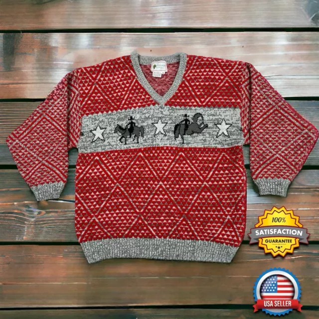 VINTAGE 80's Organically Grown Western Rodeo Ugly Ribbed Knit Sweater SIZE MED