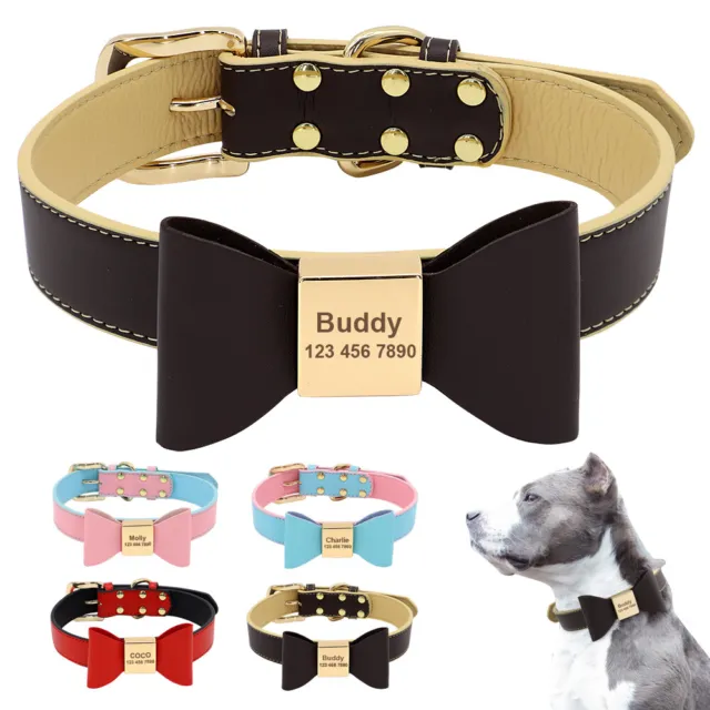 Bow Tie Dog Collar Personalized Nameplate Soft PU Leather Luxury Adjustable XS-L