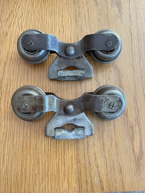 2 Antique Vintage Barn Door Roller Hangers Restored Roll Smooth