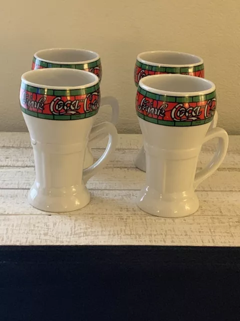 Vintage Coca Cola Mugs Ceramic Drinking Glasses Set Of  4 White Green Red