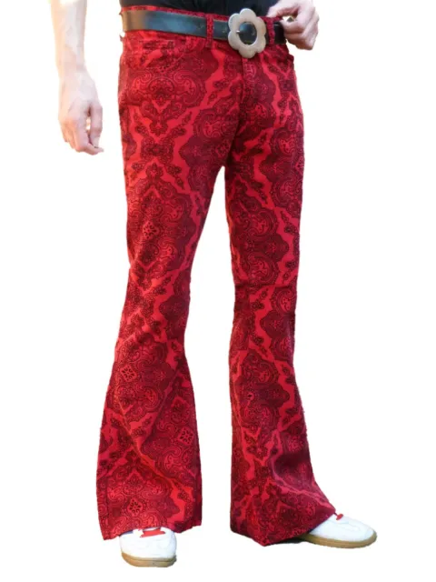 FLARES Red Paisley Mens Bell Bottoms Corduroy Pants vtg Hippie trousers 60s 70s