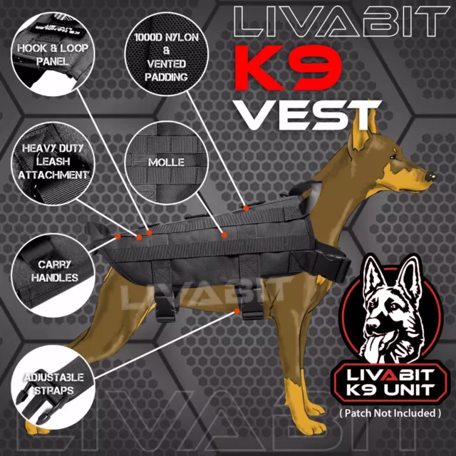 K9 Service Police Dog Black LIVABIT Tactical Molle Vest Harness Medium Premium