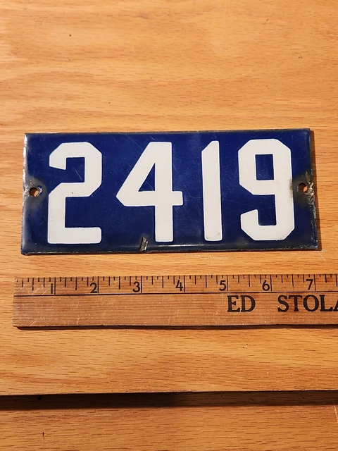 Original Antique Porcelain House Address Number #2419 - Blue - 7x3