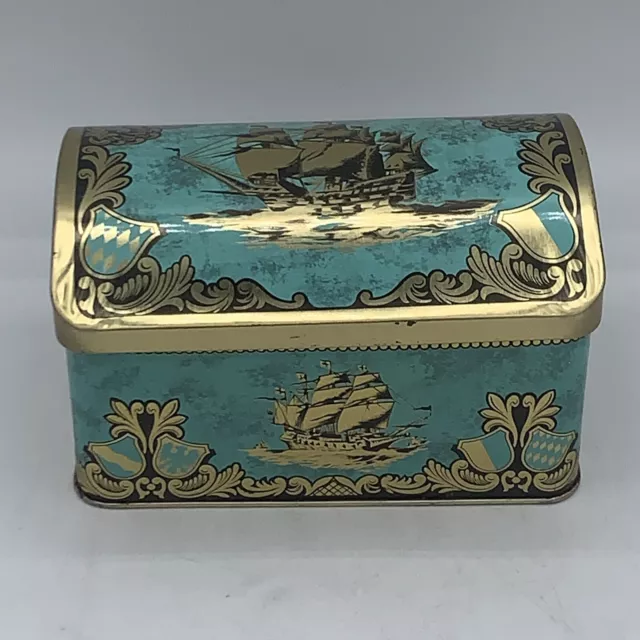 Vintage Daher Metal Hinged Ship Decorative Aqua Turquoise Black Colored Tin Box