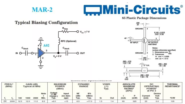 10x MAR-2 Monolotic Amplifier MMIC DC-2GHz Gain 11.0dB (2GHz) 85mil Marking A02 2