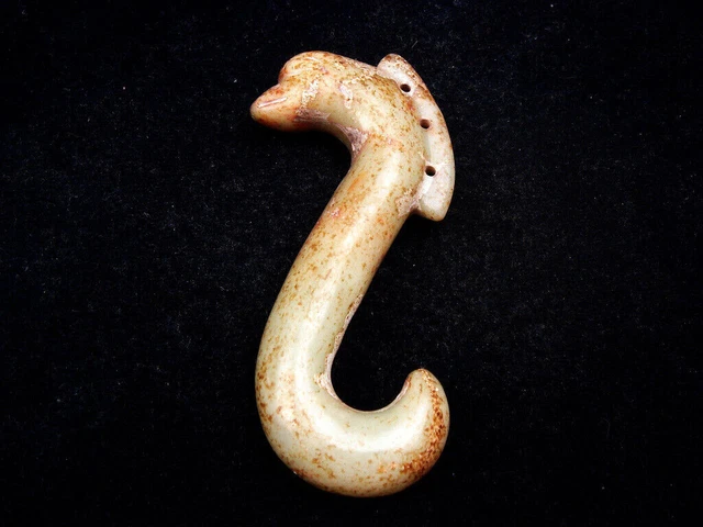 Old Nephrite Jade Stone Carved HongShan Culture Ancient Curly Phoenix #05142303