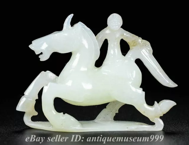 3.2" Rare Chinese Natural Hetian White Jade Nephrite Carving People horse Statue