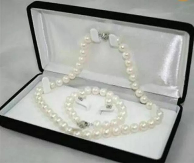 Beautiful Natural White Akoya Cultured Pearl Necklace Bracelet Earrings Set