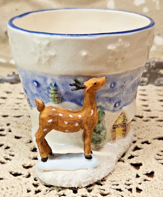 Vintage Hand Painted Wintry Scene Votive Tea Light Candle Holder w/ Deer