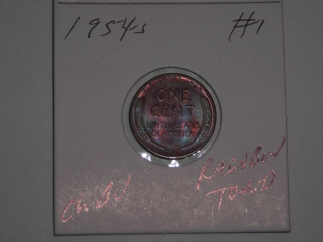 wheat penny 1954S RAINBOW TONED BU 1954-S LINCOLN CENT LOT #1A UNC RED LUSTER