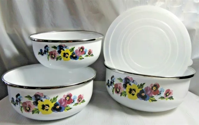 GMI Enamelware Small Metal Storage Mixing 3 Bowls 1 Plastic Lid PANSIES Flowers