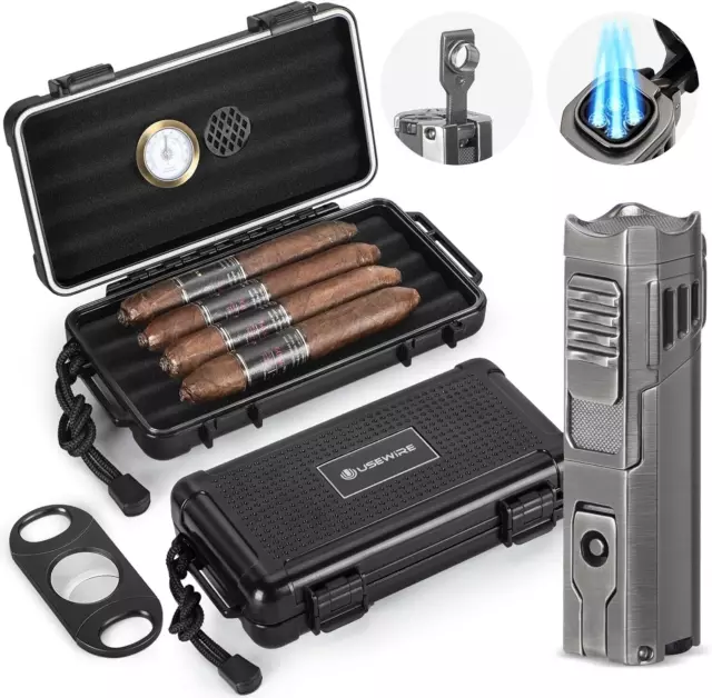 Cigar Humidor, Portable Cigar Box with Cigar Lighter Cigar Cutter, Hygrometer