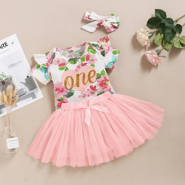 3PCS Newborn Baby Girl Floral Clothes Romper Top Tutu Skirt Headband Outfit Set