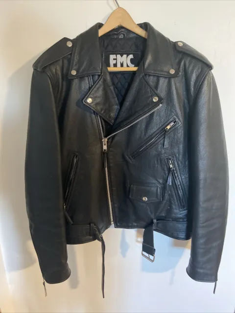 VINTAGE FMC MENS Leather Motorcycle Biker Jacket Size 46 Black Zippers ...
