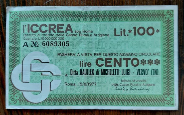 Miniassegno Iccrea Roma 100 Lire Cento Mini Assegno Bau Vervo' 1977