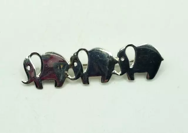 Vintage Silver Three Elephant  Brooch Trunk Up 925  Statement Pin Trunk to TailY