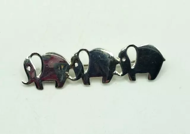 Vintage Silver Three Elephant  Brooch Trunk Up Statement Pin Trunk to Tail 925