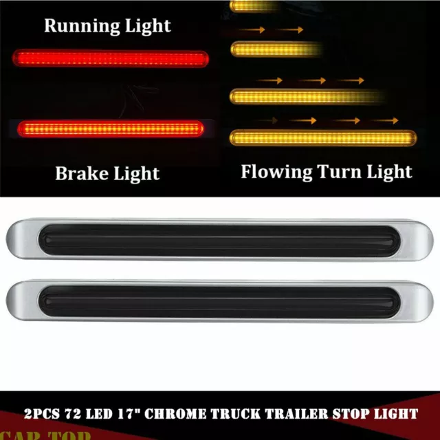 2x Smoke Lens Red Amber 72 LED 17" Chrome Truck Trailer Stop Turn Tail Light Bar