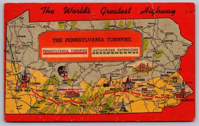 Pennsylvania Turnpike State Map Cities Roadways Landmarks Linen Postcard