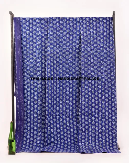Indien Kantha Couette Coton Reine Taille Couvre-Lit Bleu Literie Couverture Art