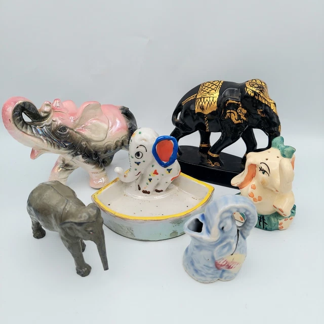 Vintage Elephant Figurines Ceramic Wood Cast Iron Japan Lot #2