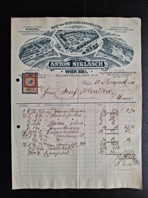 Alte Rechnung 1912 aus Wien, Anton Niklasch Bau und Werkholzhandlung  (RE19)