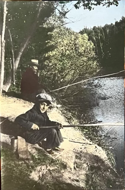 Antique Vintage Photo Art Deco Era Hand Tinted Little Boy Fishing 1930s