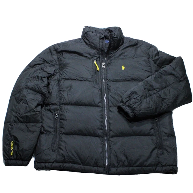 Polo Ralph Lauren Puffer Jacket Da Uomo Large Nero RL250 Piuma Piuma Cerniera Pony