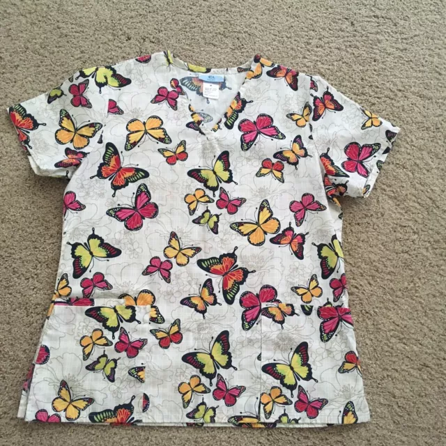 Size M Butterfly Pattern SB Scrubs Women's White Multi Pockets Scrub Top