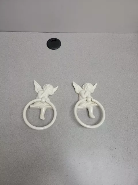 Pair Of (2) Painted Metal Cherub Angel Towel Rings Bathroom Wall Decor