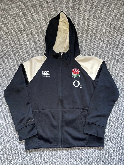 Felpa con cappuccio rugby Canterbury O2 Inghilterra ragazzi 10 anni blu cerniera intera gratuita P&P (NL)