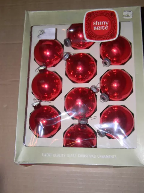 10 Vintage Shiny Brite Red Christmas Ornaments In Box