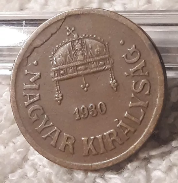 1930 Hungary 2 Filler Bronze, KM#506 , hungarian, Heavily Circulated With Damage