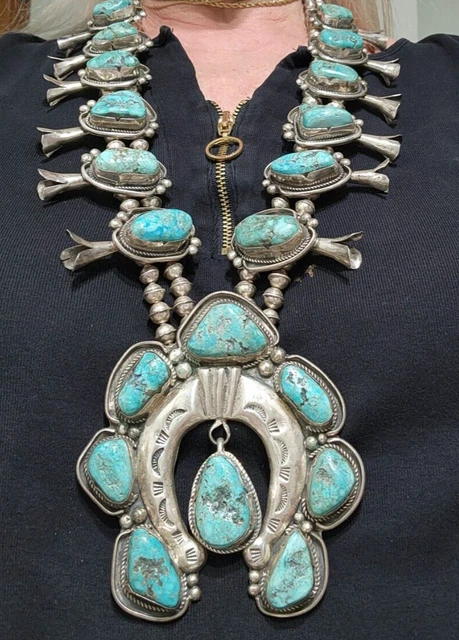 Old Pawn Navajo Turquoise Sterling Silver Squash Blossom Necklace 30" 500 Grams
