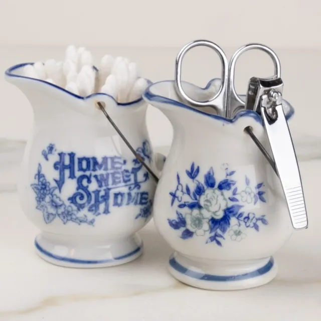 2 Mini Pitcher Buckets Blue White "Home Sweet Home" floral design VTG 2.5" Tall