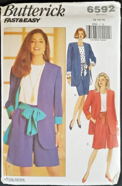 Butterick Vintage 6592 Pattern Fast Easy Jacket Top Skirt Shorts Misses 12 14 16