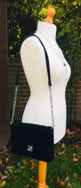 ZARA BLACK SUEDE Cross Body Bag Silver Chain Quilted Flap Over