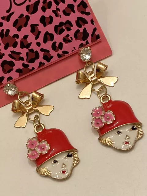 Betsey Johnson Red Rhinestone Bow Chain Crystal Flower Hat Girl Earrings NWT